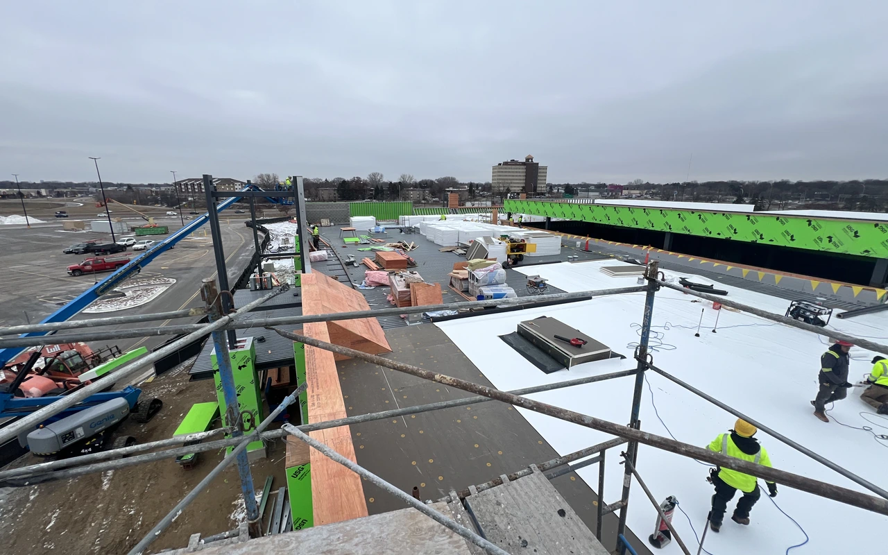 Commercial flat roof tearoff and TPO install on Minneapolis warehouse by Altus Roofing