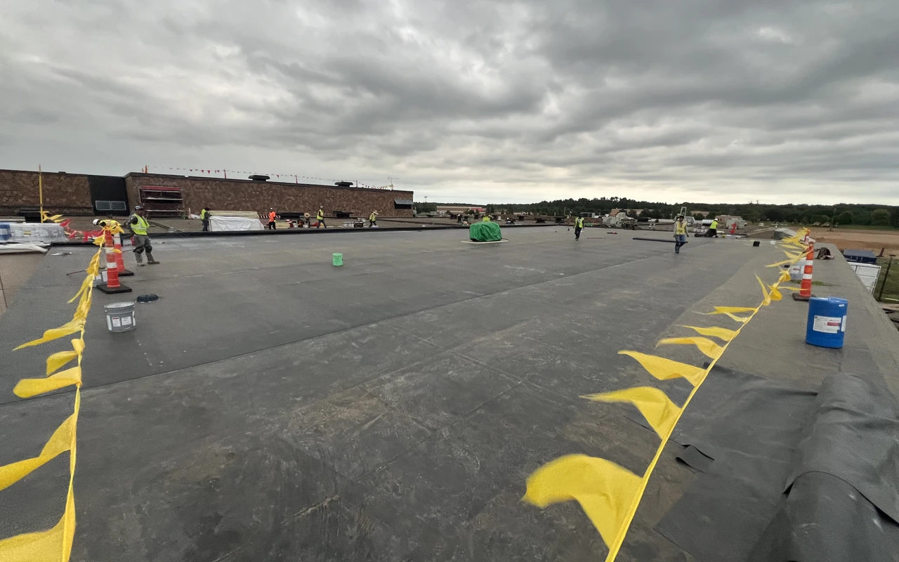 Mule-Hide certified TPO flat roof install on commercial property in Maple Grove, MN by Altus Roofing