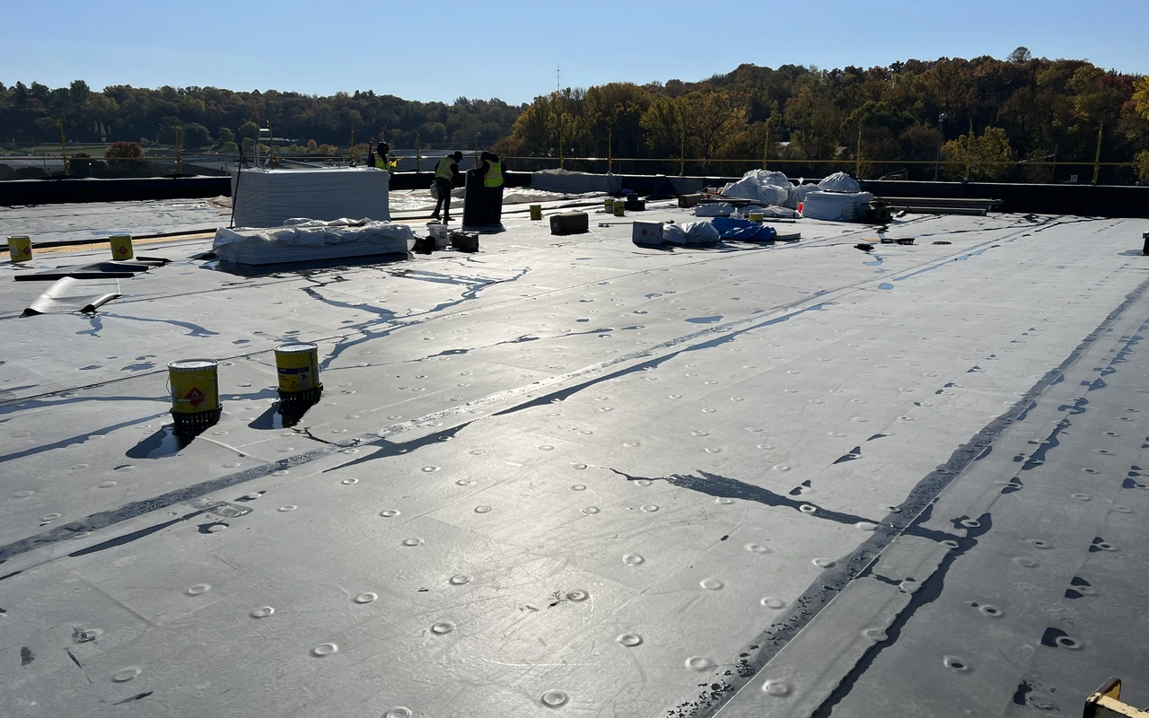PVC roofing system on retail strip mall in Maple Grove, MN by Altus Roofing